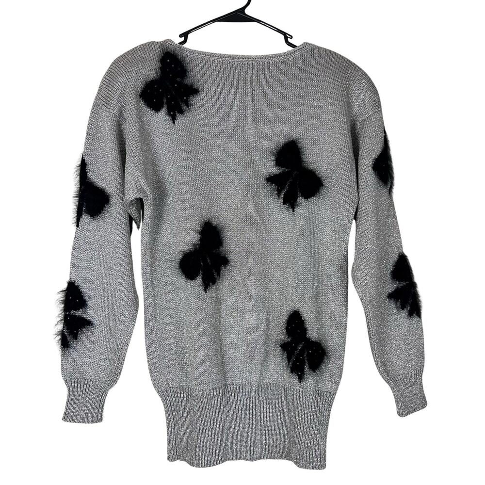 Vintage Smith St. John Metallic Lurex Holiday Sweater Bow Pearl Glam M - Picture 6 of 10
